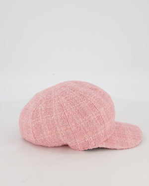 Chanel Pink, White, and Silver Newsboy Hat with Gold CC Logo Detail and Elasticated Back One Size