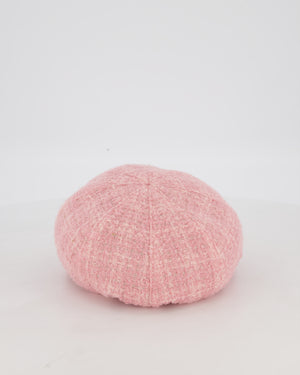 Chanel Pink, White, and Silver Newsboy Hat with Gold CC Logo Detail and Elasticated Back One Size
