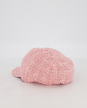 Chanel Pink, White, and Silver Newsboy Hat with Gold CC Logo Detail and Elasticated Back One Size