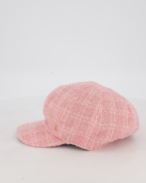 Chanel Pink, White, and Silver Newsboy Hat with Gold CC Logo Detail and Elasticated Back One Size