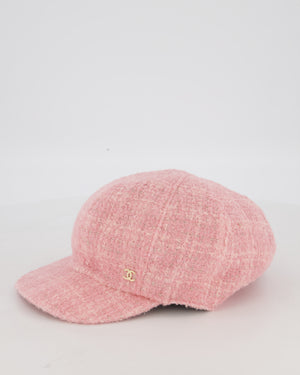 Chanel Pink, White, and Silver Newsboy Hat with Gold CC Logo Detail and Elasticated Back One Size