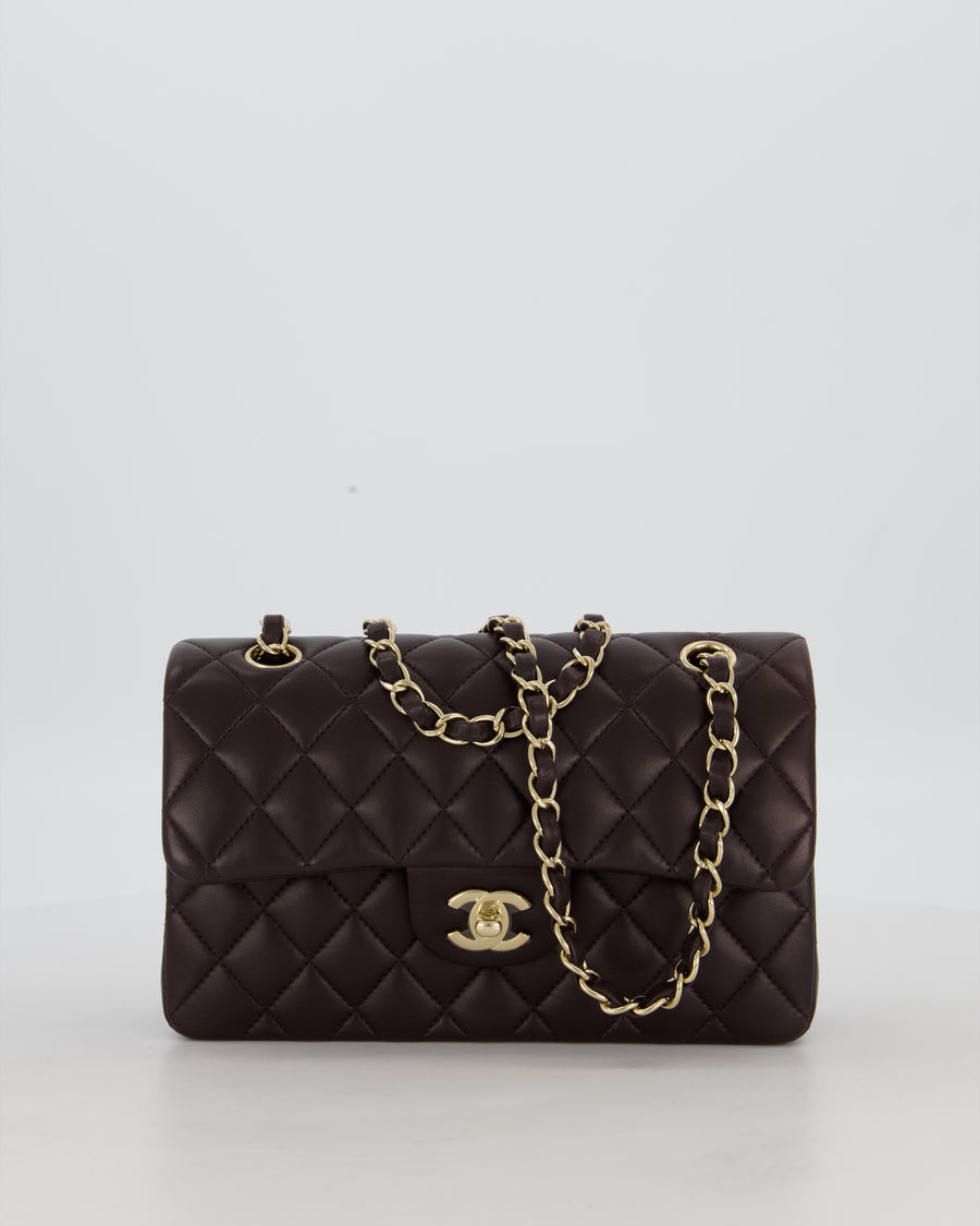 Chanel Brown Small Classic Double Flap Bag in Lambskin Leather with Silver Hardware