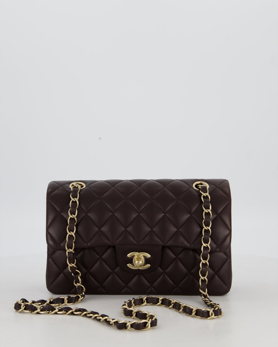 Chanel Brown Small Classic Double Flap Bag in Lambskin Leather with Silver Hardware