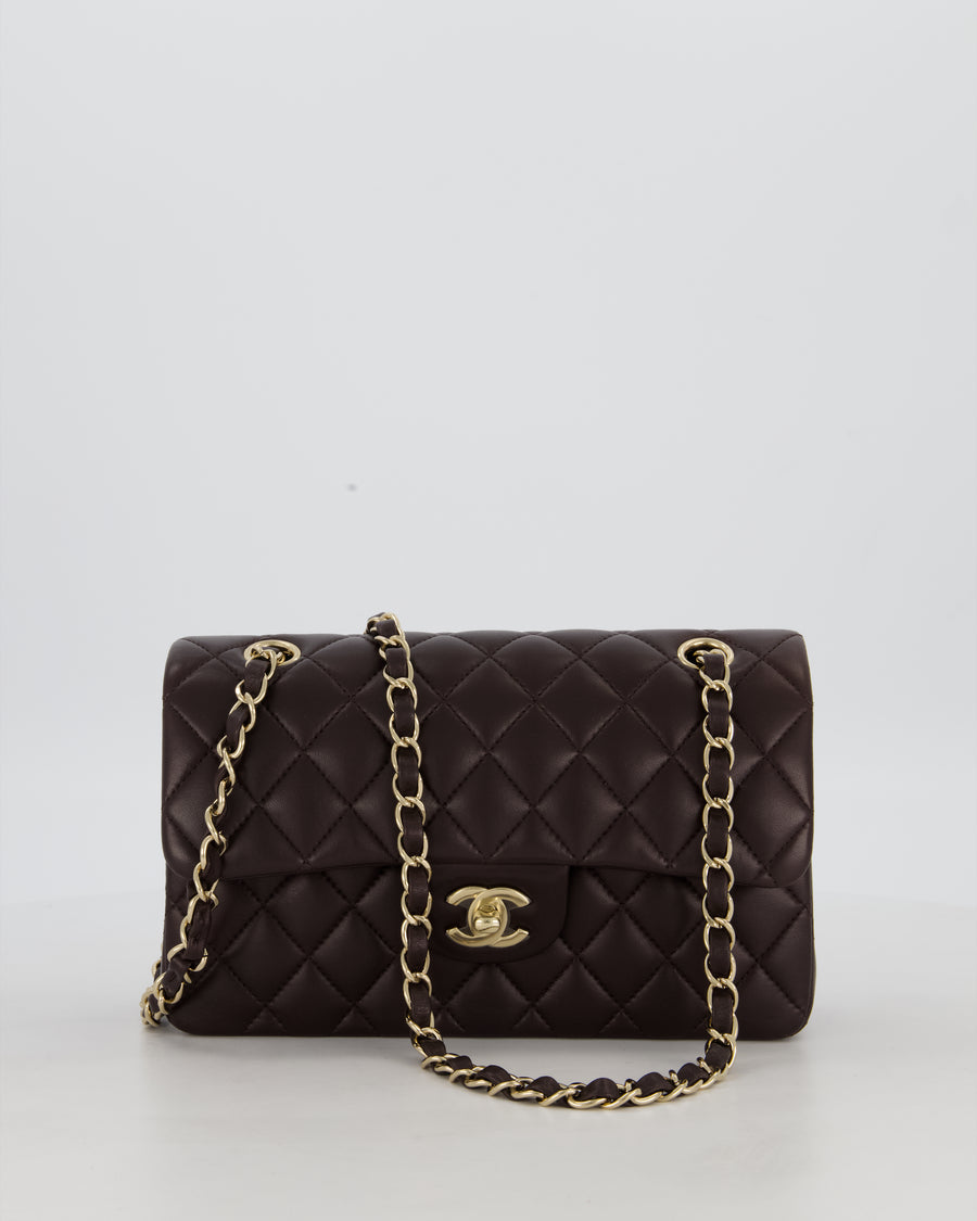 Chanel Brown Small Classic Double Flap Bag in Lambskin Leather with Silver Hardware