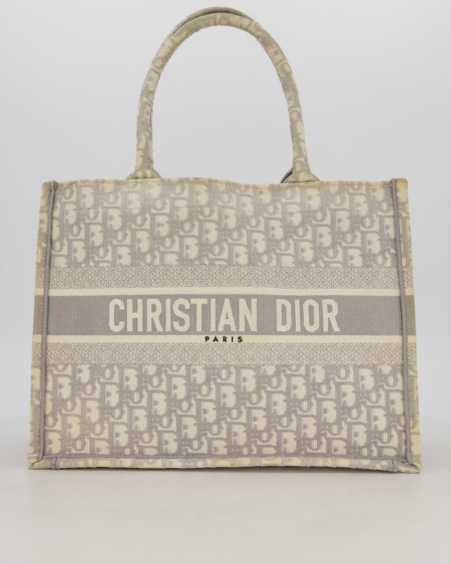 Christian Dior Grey and Ecru Medium Book Tote in Oblique Embroidery