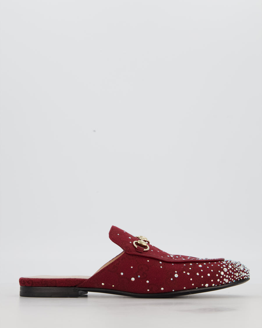 Gucci Burgundy Princetown Canvas Mules with Crystal Embellishment Size EU 38.5