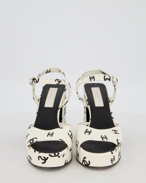 Chanel White and Black CC Logo Ankle Strap Heeled Sandals Size EU 38.5