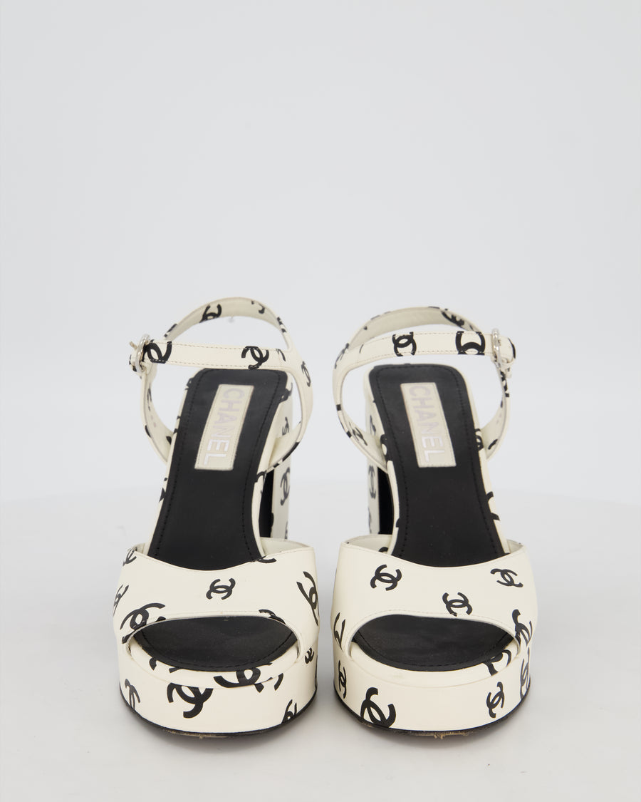 Chanel White and Black CC Logo Ankle Strap Heeled Sandals Size EU 38.5
