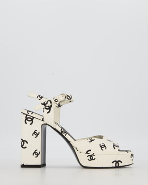 Chanel White and Black CC Logo Ankle Strap Heeled Sandals Size EU 38.5