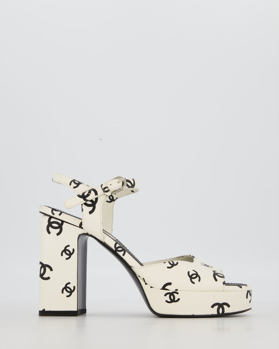 Chanel White and Black CC Logo Ankle Strap Heeled Sandals Size EU 38.5