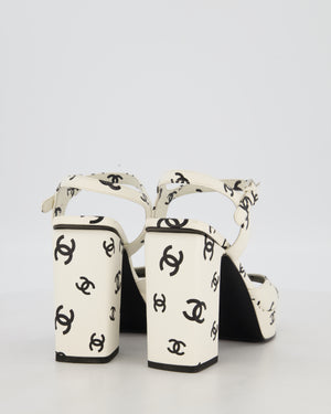 Chanel White and Black CC Logo Ankle Strap Heeled Sandals Size EU 38.5