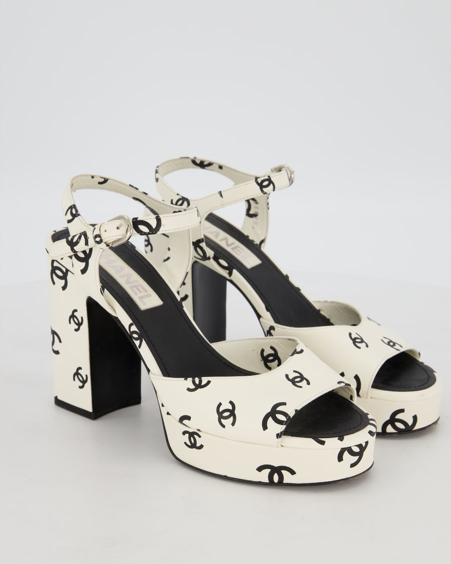 Chanel White and Black CC Logo Ankle Strap Heeled Sandals Size EU 38.5