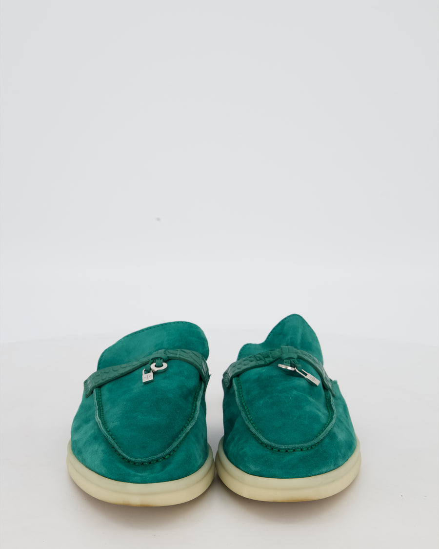 Loro Piana Green Suede and Croc Babouche Charms Mules Size EU 38