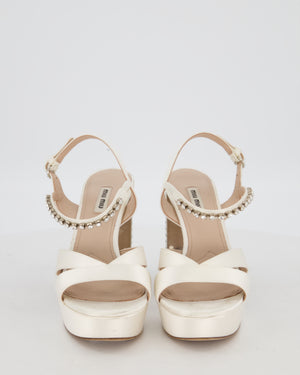 Miu Miu Cream Satin Platform Sandals and Crystal Embellished Block Heel Size EU 38