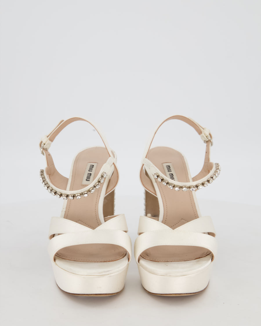 Miu Miu Cream Satin Platform Sandals and Crystal Embellished Block Heel Size EU 38