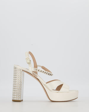 Miu Miu Cream Satin Platform Sandals and Crystal Embellished Block Heel Size EU 38