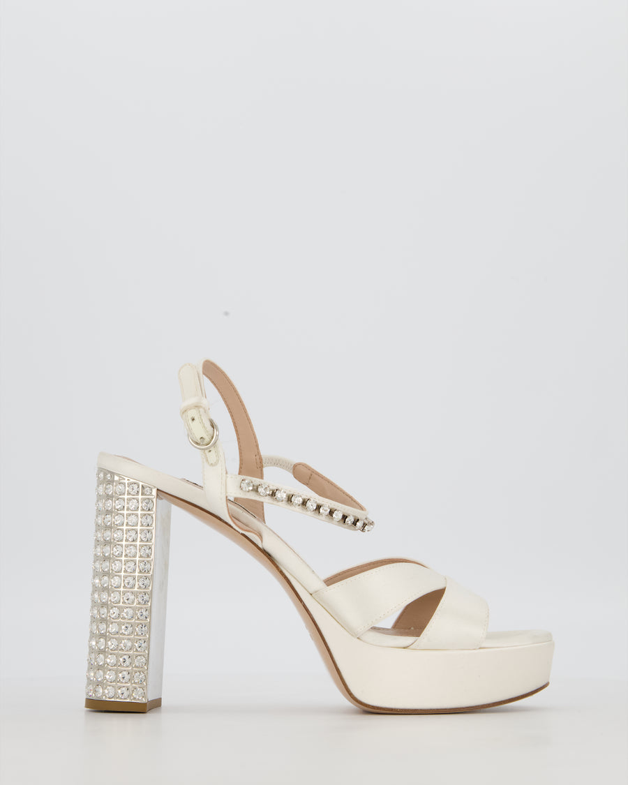 Miu Miu Cream Satin Platform Sandals and Crystal Embellished Block Heel Size EU 38