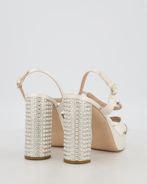 Miu Miu Cream Satin Platform Sandals and Crystal Embellished Block Heel Size EU 38