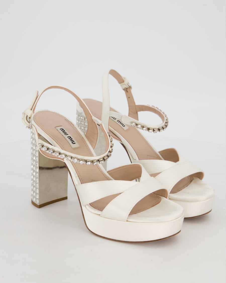 Miu Miu Cream Satin Platform Sandals and Crystal Embellished Block Heel Size EU 38