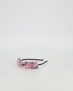 Chanel Multi Colour Tweed Headband with Black Metal Logo