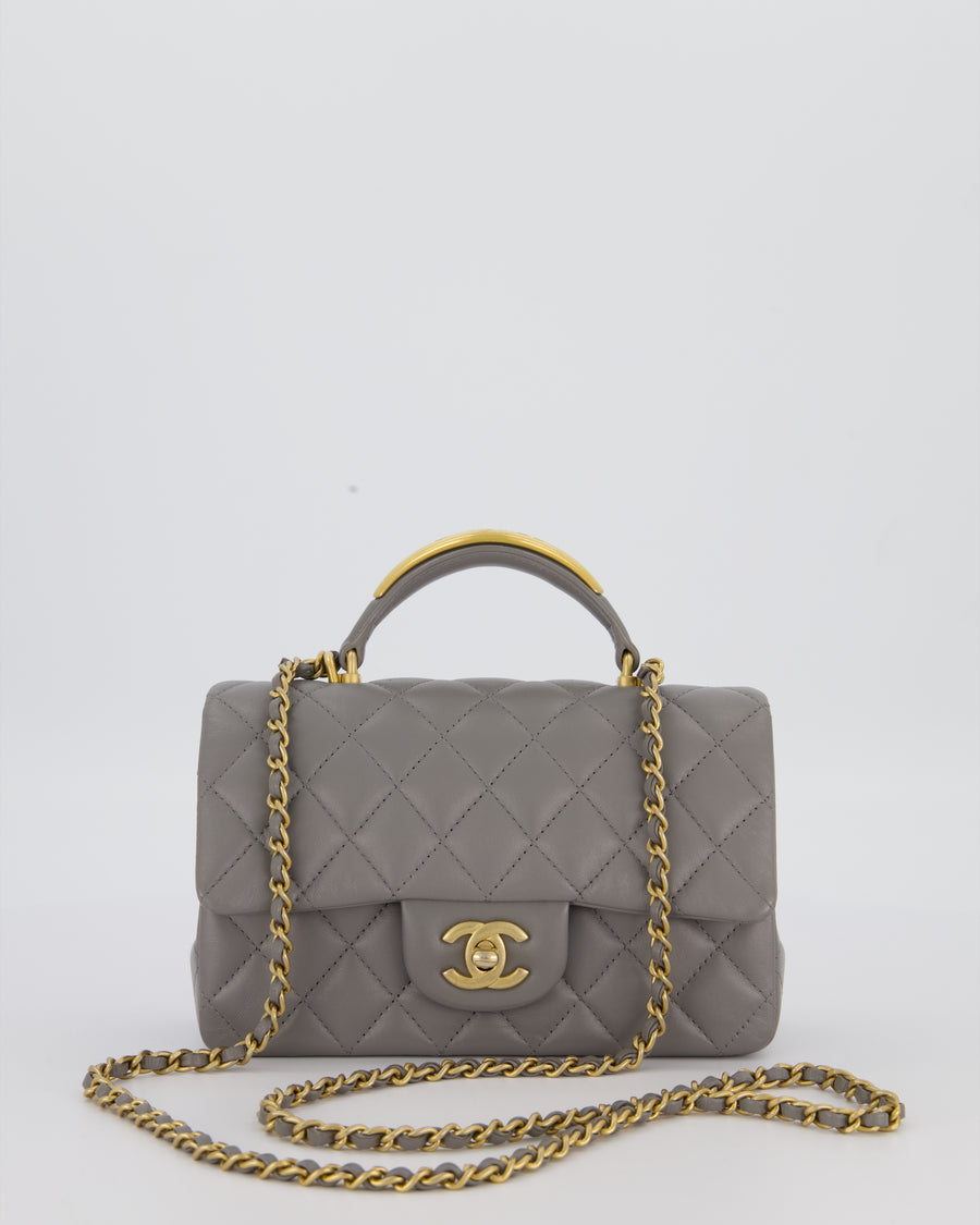 Chanel Top Handle Bag in Grey Lambskin Leather with Brushed Gold Hardware
