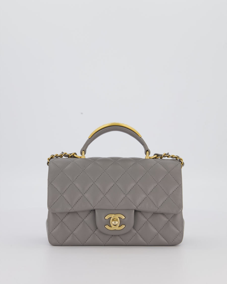 Chanel Top Handle Bag in Grey Lambskin Leather with Brushed Gold Hardware
