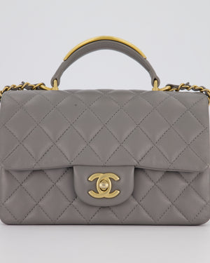 Chanel Top Handle Bag in Grey Lambskin Leather with Brushed Gold Hardware
