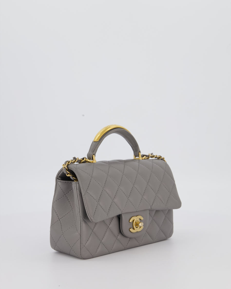 Chanel Top Handle Bag in Grey Lambskin Leather with Brushed Gold Hardware