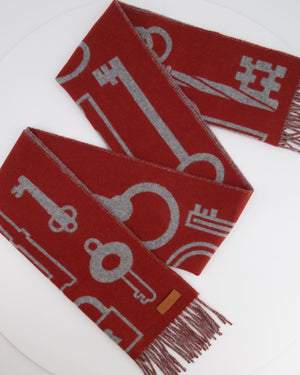 Hermès Burnt Orange and Grey Cashmere Scarf with Key Prints and Fringed Trims 156cm x 32cm