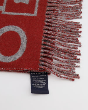Hermès Burnt Orange and Grey Cashmere Scarf with Key Prints and Fringed Trims 156cm x 32cm