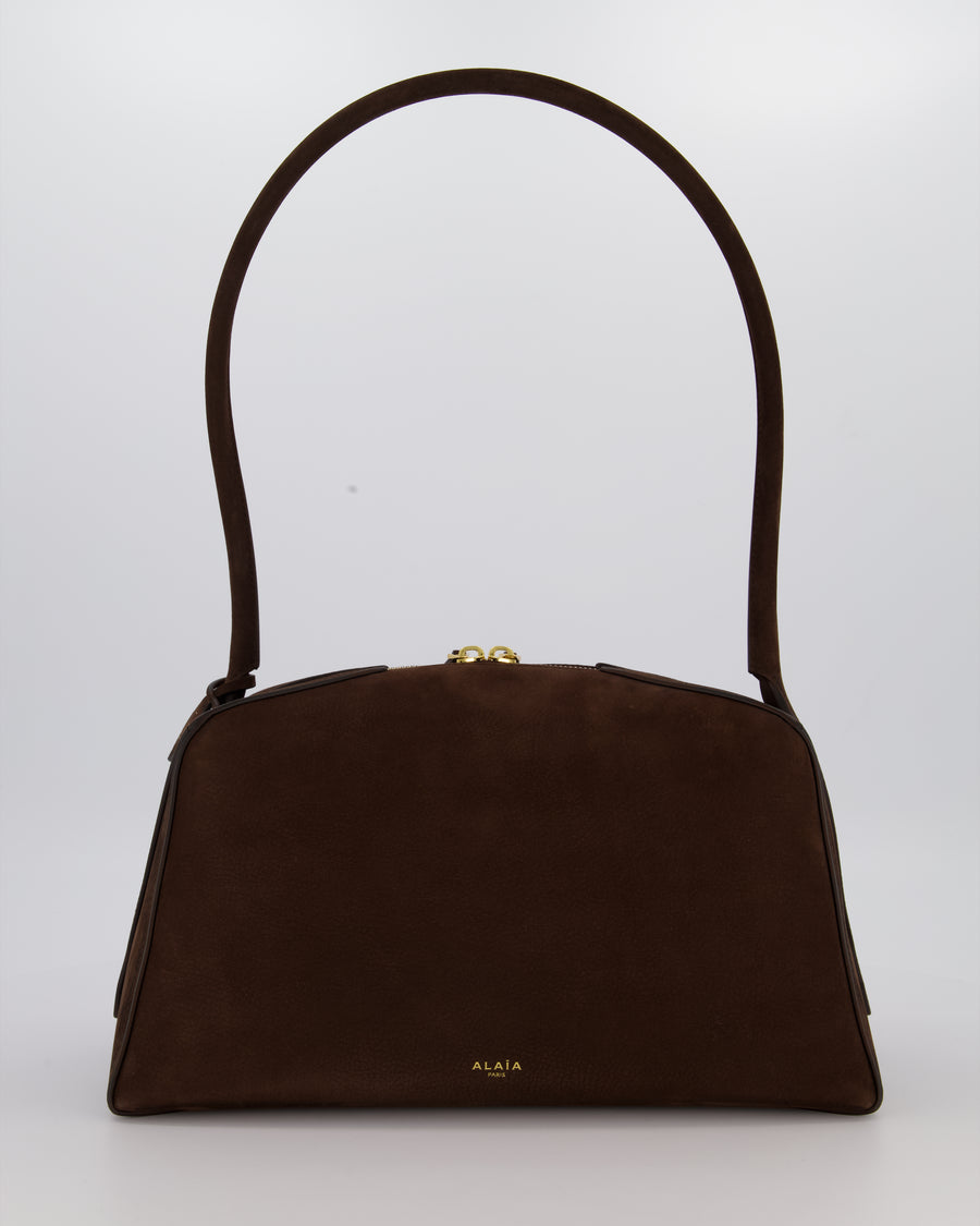 Alaïa Brown SS/26 Le Bouledogue Medium Suede Top Handle Bag with Gold Hardware
