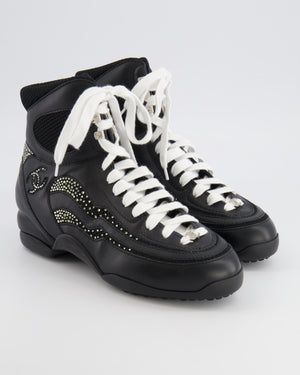 Chanel 23N Coco Neige Black Leather High-Top Sneakers with Crystal CC Logo Embellishments Size EU 39