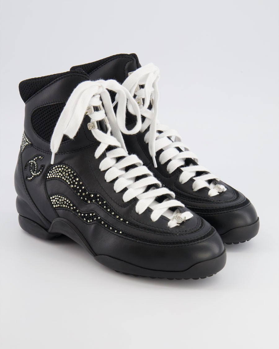 Chanel 23N Coco Neige Black Leather High-Top Sneakers with Crystal CC Logo Embellishments Size EU 39