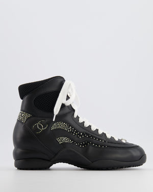 Chanel 23N Coco Neige Black Leather High-Top Sneakers with Crystal CC Logo Embellishments Size EU 39