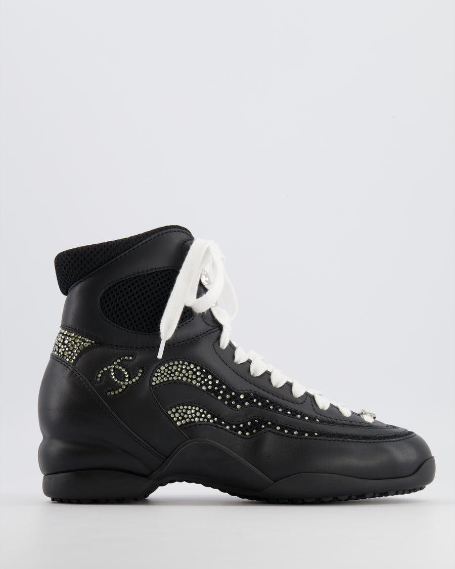 Chanel 23N Coco Neige Black Leather High-Top Sneakers with Crystal CC Logo Embellishments Size EU 39