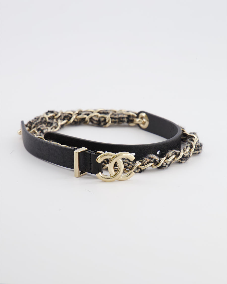 Chanel 22K Black Leather, Tweed and Gold Chain Belt with  display picture 1