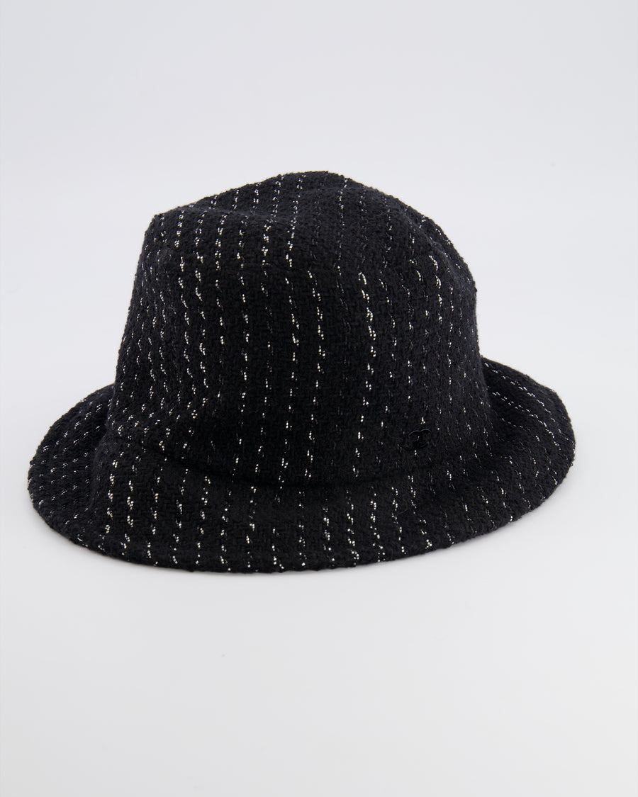 Chanel Black and Silver Tweed Bucket Hat with Black CC Logo Size M