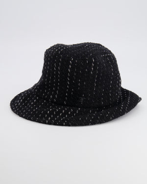Chanel Black and Silver Tweed Bucket Hat with Black CC Logo Size M