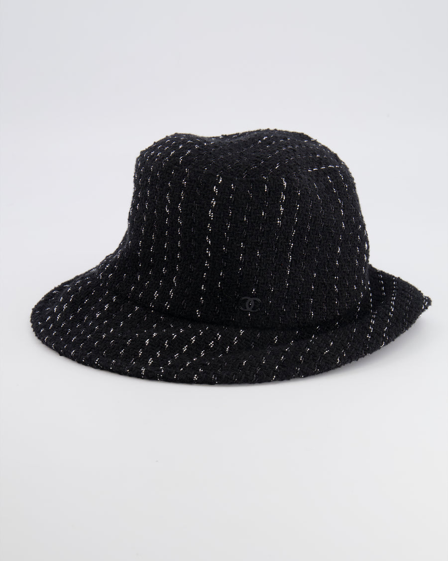 Chanel Black and Silver Tweed Bucket Hat with Black CC Logo Size M