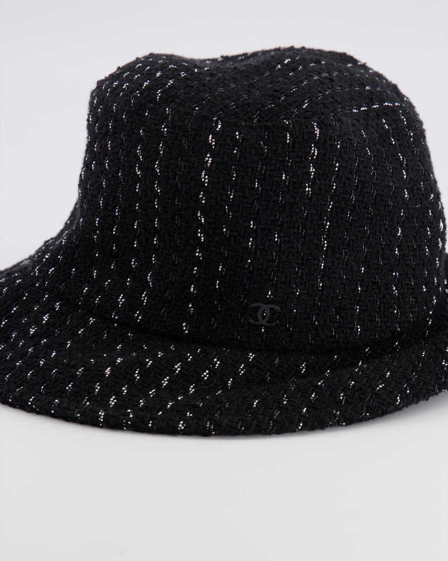 Chanel Black and Silver Tweed Bucket Hat with Black CC Logo Size M