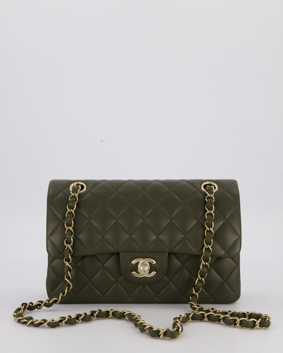 Chanel Olive Green Small Classic Double Flap Bag in Lambskin Leather with Champagne Gold Hardware