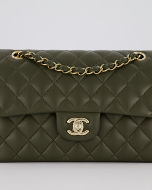 Chanel Olive Green Small Classic Double Flap Bag in Lambskin Leather with Champagne Gold Hardware