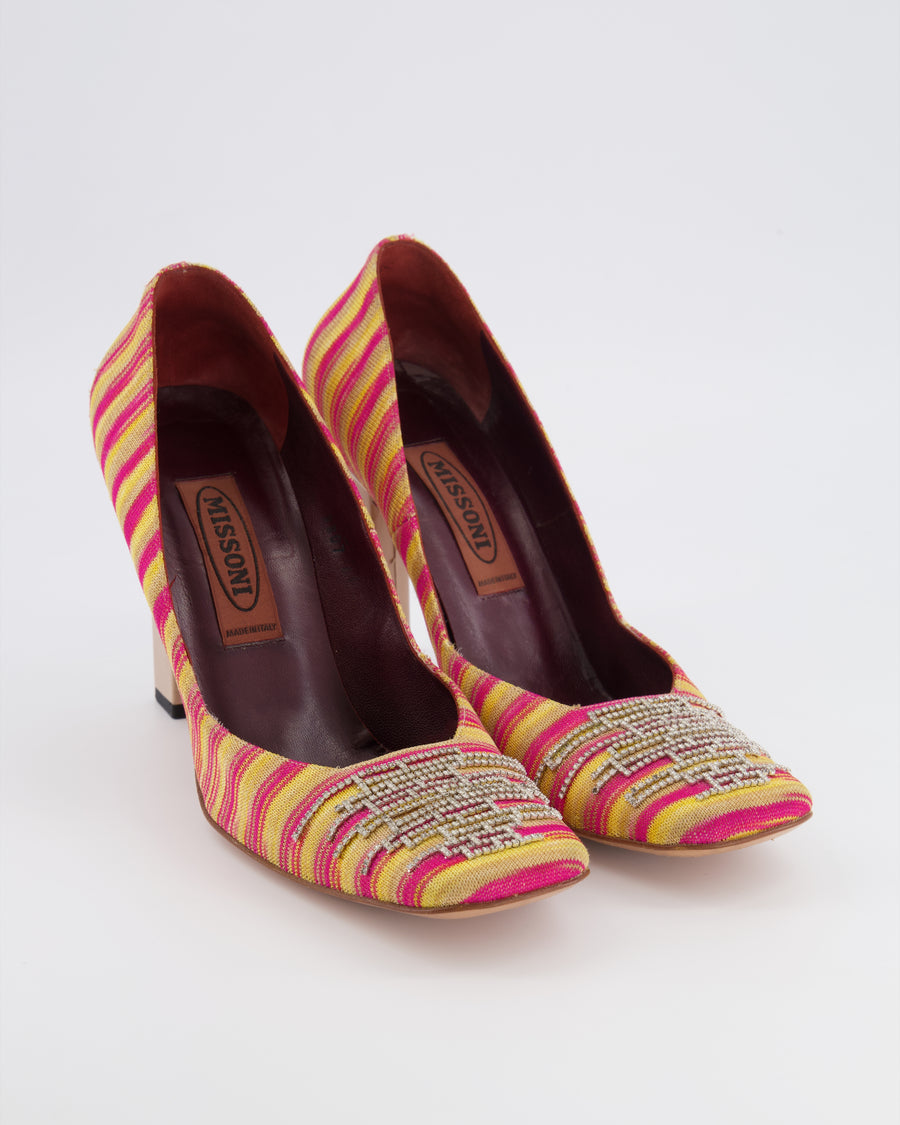 Missoni Pink and Yellow Striped Canvas Heeled Square-Toed Pumps with Beige Leather Heel and Crystal Buckle Size EU 41