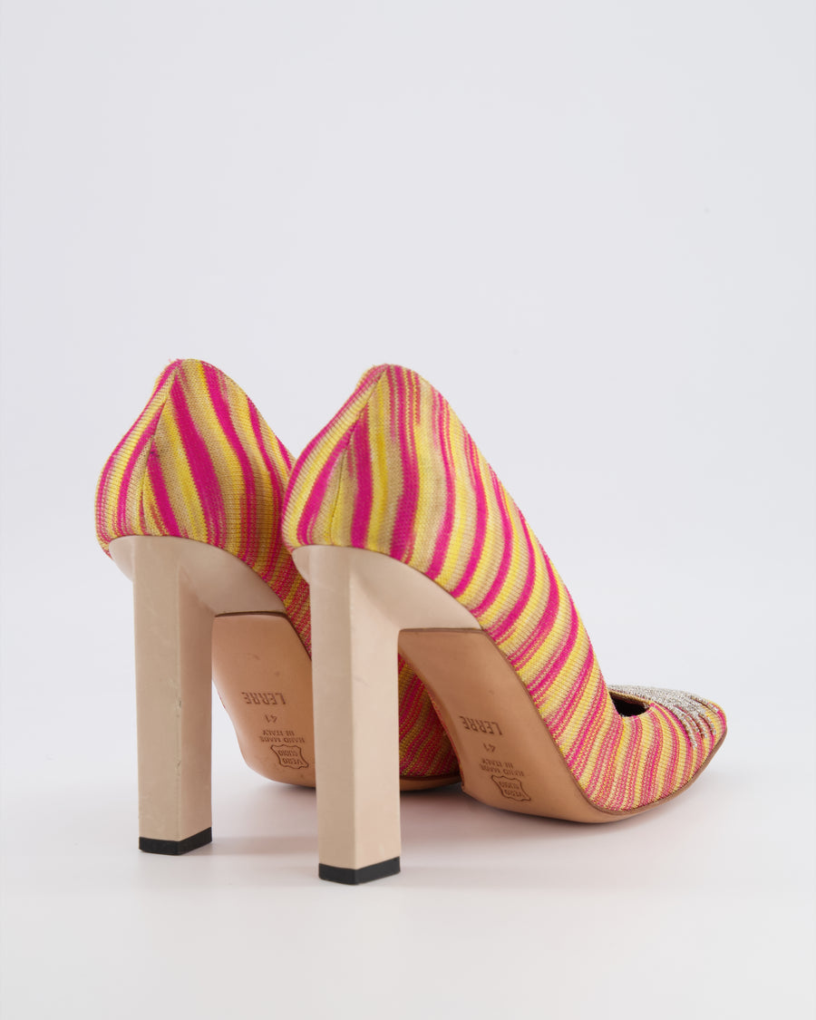 Missoni Pink and Yellow Striped Canvas Heeled Square-Toed Pumps with Beige Leather Heel and Crystal Buckle Size EU 41