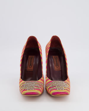 Missoni Pink and Yellow Striped Canvas Heeled Square-Toed Pumps with Beige Leather Heel and Crystal Buckle Size EU 41