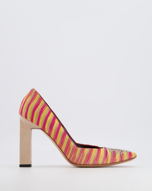 Missoni Pink and Yellow Striped Canvas Heeled Square-Toed Pumps with Beige Leather Heel and Crystal Buckle Size EU 41