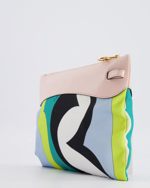 Emilio Pucci Multi-Colour Printed Canvas Pouch Bag with Pink Leather and Gold Zipper Detail