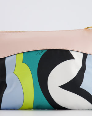 Emilio Pucci Multi-Colour Printed Canvas Pouch Bag with Pink Leather and Gold Zipper Detail