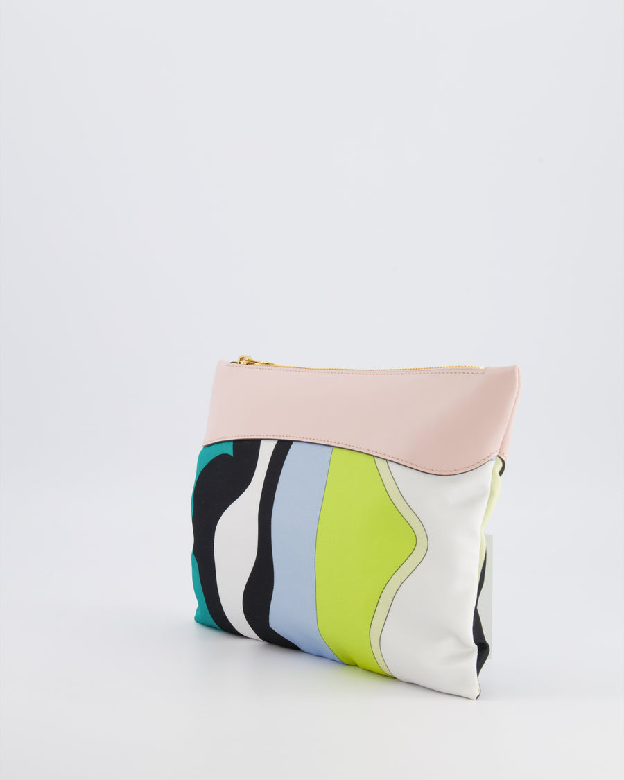 Emilio Pucci Multi-Colour Printed Canvas Pouch Bag with Pink Leather and Gold Zipper Detail