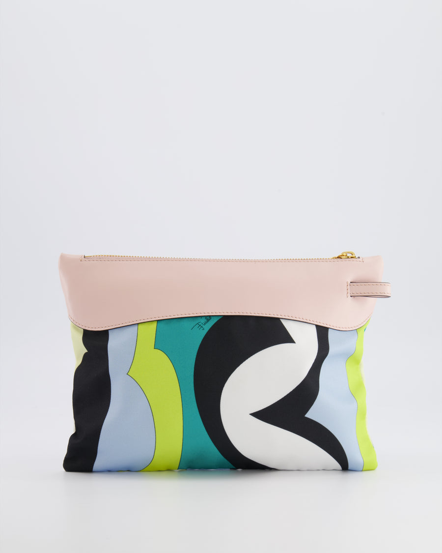 Emilio Pucci Multi-Colour Printed Canvas Pouch Bag with Pink Leather and Gold Zipper Detail
